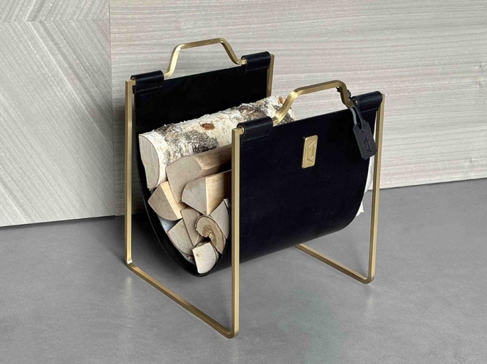 Дровница с кожаной вставкой FG-12049 матовая латунь